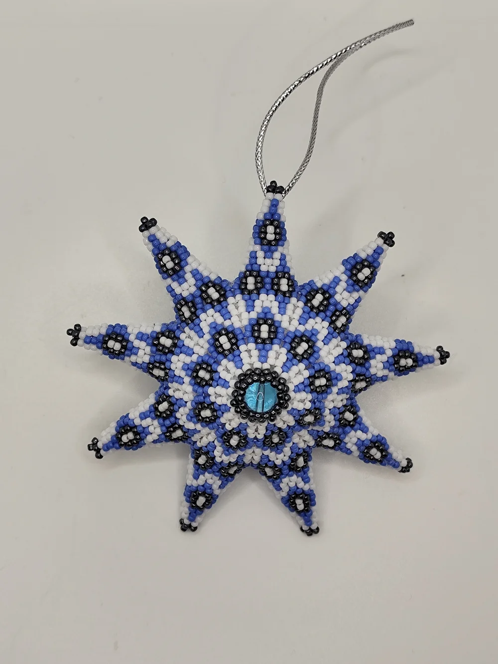 Beaded Starburst Ornament in Blue, White & Black - Holiday Hanging Decoration
